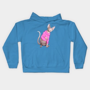 Cozy Sphynx Cat with Pink Knit Sweater Kids Hoodie